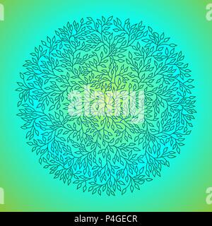 Mandala circle pattern. Round tree leaves ornament. Green and blue vector illustration. Stock Vector