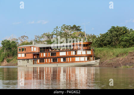 The expedition river boat Delfin II near Clavero Lake, Upper Amazon River Basin, Loreto, Peru Stock Photo