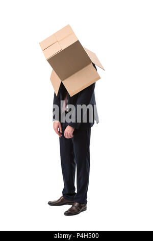 tired businessman with cardboard box on head, isolated on white Stock Photo