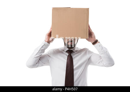 businessman with cardboard box on his head, isolated on white Stock Photo