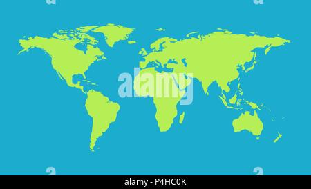 Green Earth continents map background isolated on blue backdrop. Stock Vector