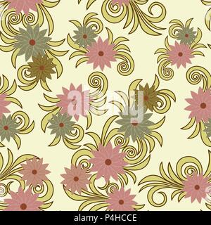 Delicate flower pattern in pastel pink and green tones on the muted yellow background, seamless vector as a fabric texture Stock Vector