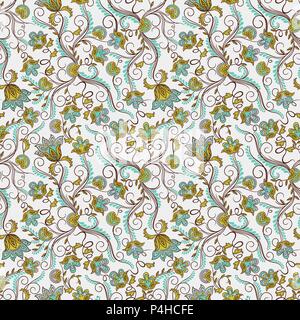 Delicate floral pattern in pastel blue and green tones on the muted background, seamless vector as a fabric texture Stock Vector