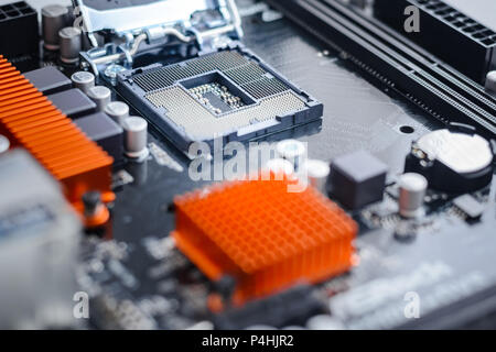 socket for the CPU in the motherboard. Close-up Stock Photo