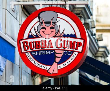 Bubba Gump Shrimp Co restaurant sign in London, A Forrest Gump themed restaurant serving seafood and American style food, Founded in 1996 Stock Photo