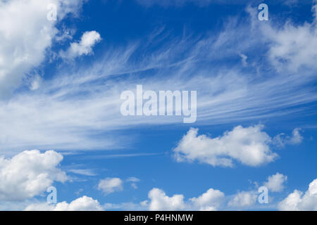 Blue sky and clouds over horizon. White heap clouds in the blue sky. Stock Photo