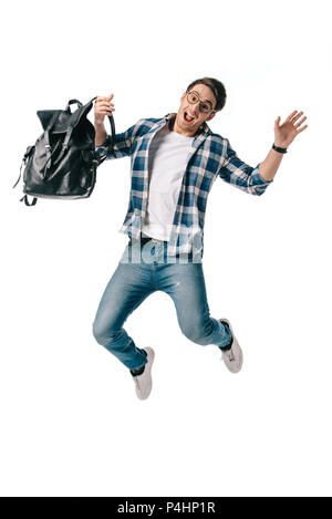 screaming student jumping with backpack isolated on white Stock Photo