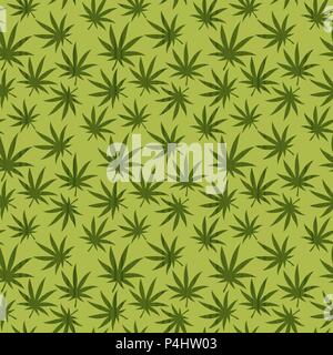 Seamless vector  pattern of cannabis leaf  on the green background as a fabric texture Stock Vector