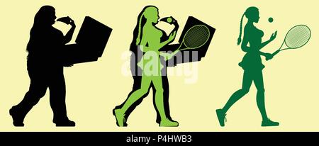 Fat woman exercising with tennis and losing weight. All the objects are in different layers. Stock Vector