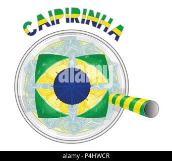 Caipirinha Cocktail Like Brazil Flag with yellow and green drinking straw. All the objects are in different layers and the text types do not need any  Stock Vector