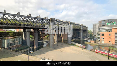 Castlefield railway viaduct,Metrolink,Trans-Pennine Express,west Manchester,pano,panorama,North West England, UK, M3 Stock Photo