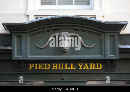 LONDON, UK - FEBRUARY 16TH 2018: Detail of the entrance to Pied Bull Yard, located in the Bloomsbury area of central London, UK, on 16th February 2018 Stock Photo