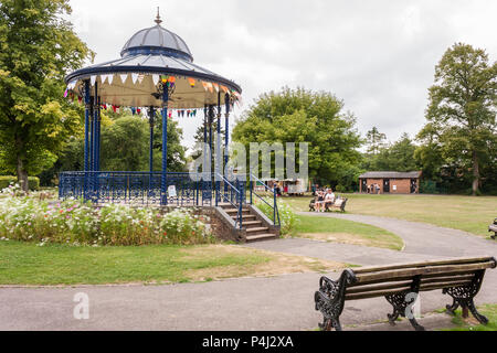 War Memorial Park bandstand, Romsey, Hampshire, England, GB, UK. The bandstand was restored in 2002 based on Victorian castings. Stock Photo