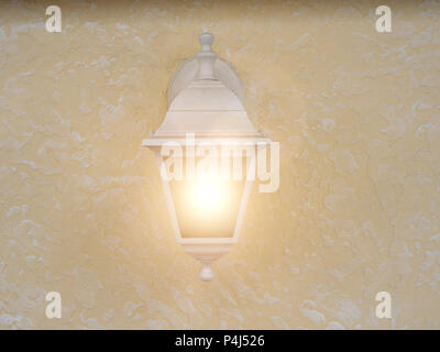 Rustic light is lighting on on the concrete wall. Light is switched On. Textured background. Close up. Stock Photo