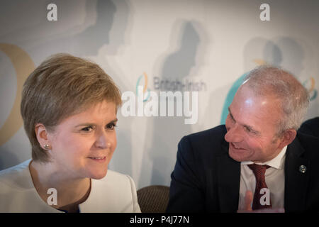 First Minister of Scotland, Nicola Sturgeon (far left) and Minister for the Cabinet Office, David Liddington (right) join other leaders at a news conference during the British-Irish Council (BIC) in Guernsey. Stock Photo