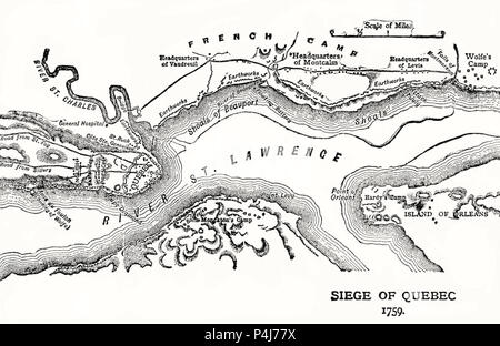 Siege of Quebec, Map of the Quebec City area showing disposition of French and British forces. The Plains of Abraham are to the left. 1759 Stock Photo