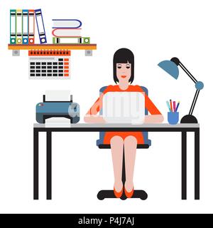 Woman sitting at table and working on laptop. Workspace. Stock Vector