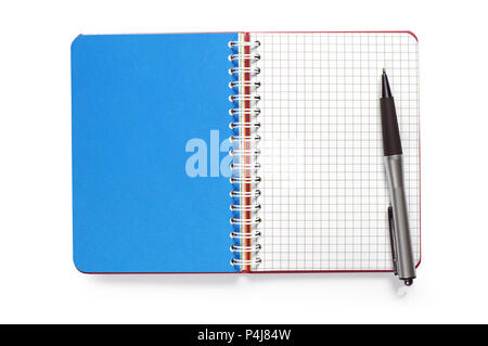 Opened notepad with empty page and pen on a white background Stock Photo