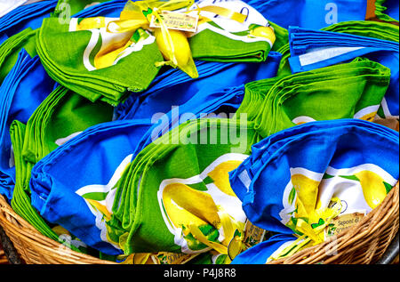 Colorful kitchen towels and soaps – sea and lemons related Amalfi coast souvenirs, Italy Stock Photo