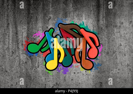 Graffiti of colorful music notes on the wall Stock Photo