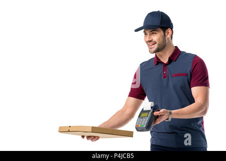 delivery man with cardboard pizza box and cardkey reader in hands isolated on white Stock Photo