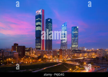 Madrid Four Towers financial district skyline at twilight in Madrid, Spain. Stock Photo
