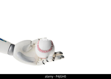 Robot hand holding white baseball ball isolated on white Stock Photo