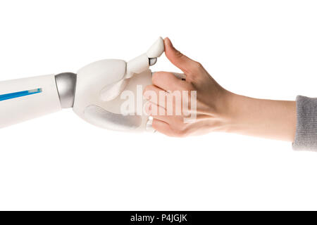 cropped image of robot and woman playing thumb wars isolated on white Stock Photo