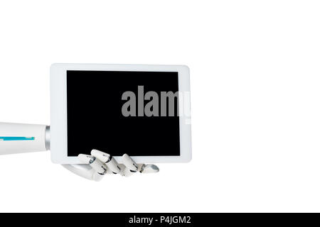 robot hand holding tablet with blank screen isolated on white Stock Photo