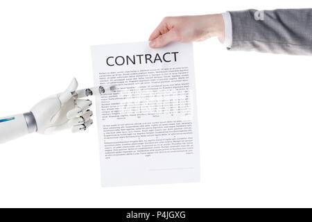 cropped shot of robot pointing at business contract in hand of businessman isolated on white
