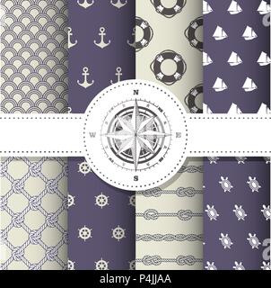 Marine and nautical backgrounds - set of sea theme seamless patterns Stock Vector