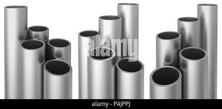 Set Steel or Aluminum pipes, isolated on white background. Industrial web Presentation Template. Glossy 3d Steel Tubes design. 3d rendering Stock Photo