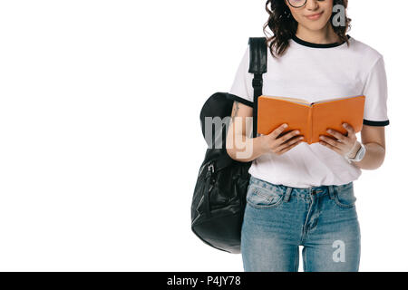 cropped image of african american teen student reading book isolated on white Stock Photo