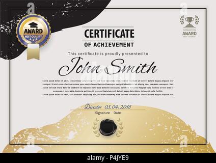 Official grey certificate with gold black design elements and gold emblem. Luxury background.. Blots hand drawn sketch scribble shapes. Graduation cap and cup flat icons. Stock Vector