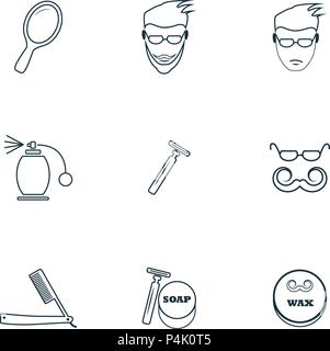 Barbershop icons set. Razor with a blade icon, spray icon, a man with a beard icon and more. Premium quality symbol collection. Barbershop icon set simple elements. Stock Vector