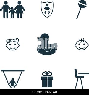 Baby icons set. Duckling icon, Lollipop icon, family icon and more. Premium quality symbol collection. Baby icon set simple elements. Stock Vector