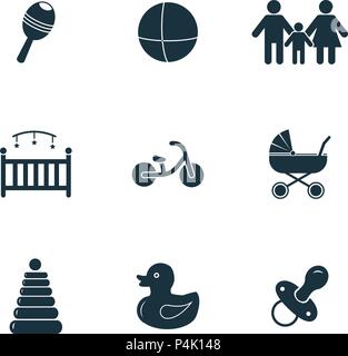 Baby icons set. Stroller icon, Nipple icon, Bike icon and more. Premium quality symbol collection. Baby icon set simple elements. Stock Vector