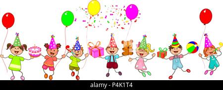 Group of children with gifts and balloons. Happy children with gifts on a white background. Children congratulate on Happy Birthday. Cartoon of joyful Stock Vector