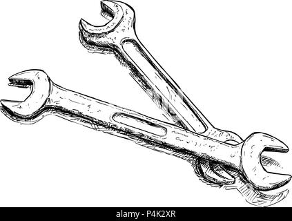 Vector Artistic Drawing Illustration of Two Wrenches or Spanners Stock Vector