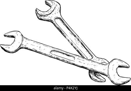 Vector Artistic Drawing Illustration of Two Wrenches or Spanners Isolated Stock Vector