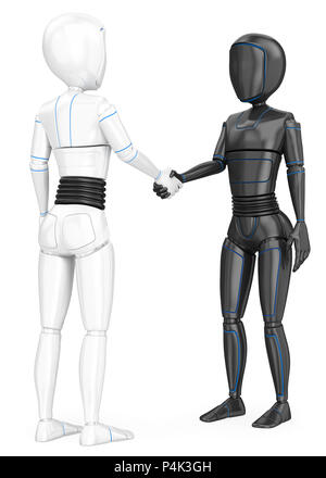 3d futuristic android illustration. Humanoid robot shaking hands with another robot. Isolated white background. Stock Photo