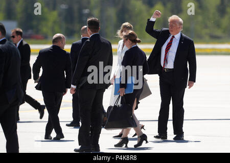 US President Donald Trump arrives at CFB Bagotville for the G7 Summit in Charlevoix. Stock Photo