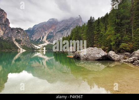 Church on lake Lago di Braies in Dolomiti Mountains - Italy Europe Stock Photo