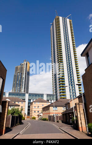 View of One, The Elephant (left) and 80 Newington Butts (Right), new high-rise apartment towers viewed fromk Dugard Way, Kennington Stock Photo