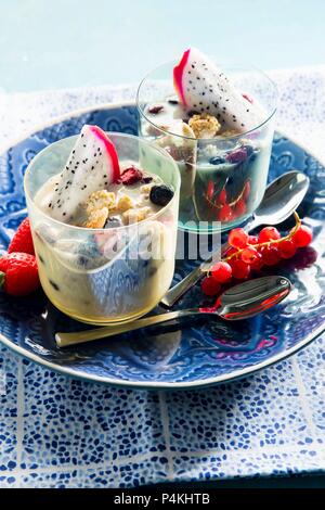 Yoghurt dessert with pitahaya Stock Photo