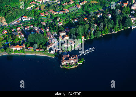 Detail seen from helicopter of Lake Como Lecco in Italy. Stock Photo