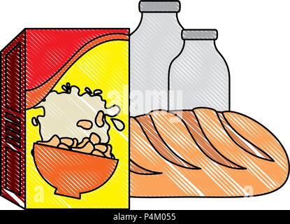 cereal box with bread and milk bottle Stock Vector