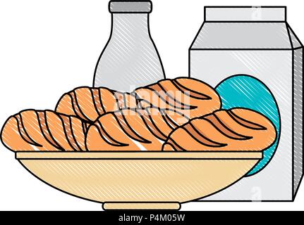 cereal box with bread and milk bottle Stock Vector