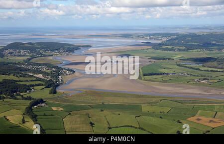 aerial view of Sandside, Arnside and across to Grange over Sands where the River Kent flows into the Irish Sea Stock Photo