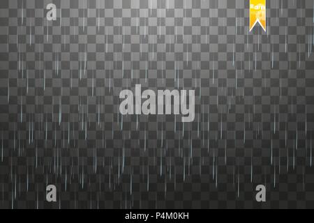 Rain transparent template background. Falling water drops texture. Nature rainfall on checkered background. Stock Vector